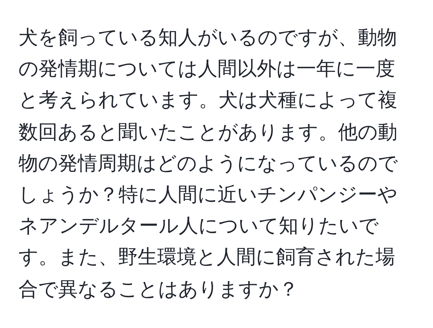 犬を飼っている知人がいるのですが、動物の発情期については人間以外は一年に一度と考えられています。犬は犬種によって複数回あると聞いたことがあります。他の動物の発情周期はどのようになっているのでしょうか？特に人間に近いチンパンジーやネアンデルタール人について知りたいです。また、野生環境と人間に飼育された場合で異なることはありますか？