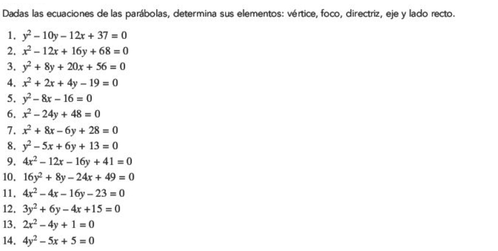 Dadas las ecuaciones de las parábolas, determina sus elementos: vértice, foco, directriz, eje y lado recto. 
1. y^2-10y-12x+37=0
2. x^2-12x+16y+68=0
3. y^2+8y+20x+56=0
4. x^2+2x+4y-19=0
5. y^2-8x-16=0
6. x^2-24y+48=0
7. x^2+8x-6y+28=0
8. y^2-5x+6y+13=0
9. 4x^2-12x-16y+41=0
10. 16y^2+8y-24x+49=0
11. 4x^2-4x-16y-23=0
12, 3y^2+6y-4x+15=0
13. 2x^2-4y+1=0
14. 4y^2-5x+5=0