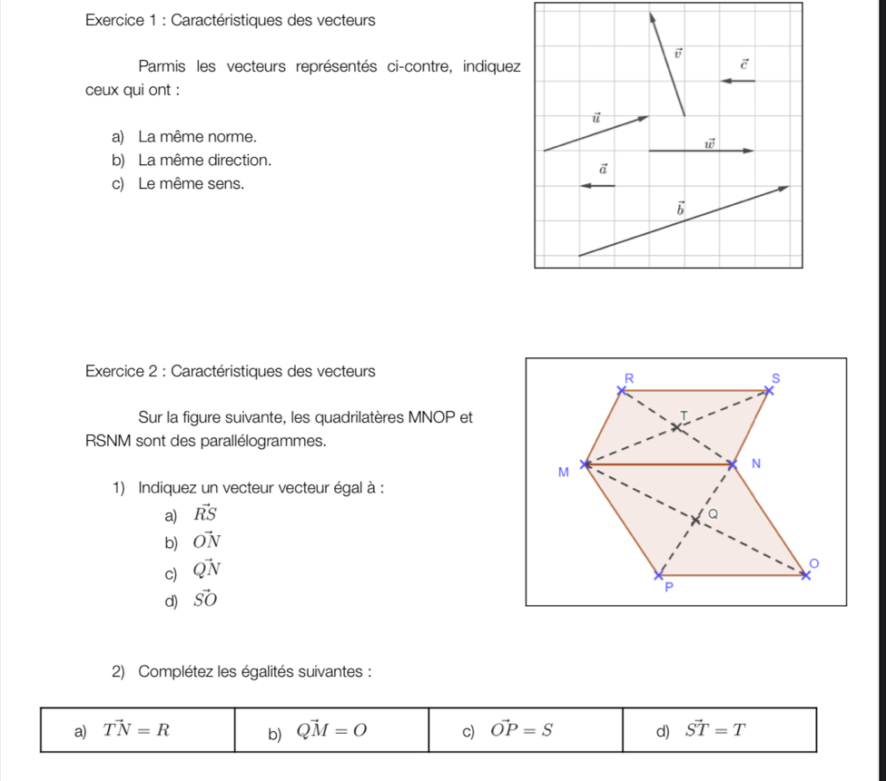 Caractéristiques des vecteurs
Parmis les vecteurs représentés ci-contre, indiquez
ceux qui ont :
a) La même norme.
b) La même direction.
c) Le même sens.
Exercice 2 : Caractéristiques des vecteurs
Sur la figure suivante, les quadrilatères MNOP et
RSNM sont des parallélogrammes.
1) Indiquez un vecteur vecteur égal à :
a) vector RS
b) vector ON
c) vector QN
d) vector SO
2) Complétez les égalités suivantes :
a) Tvector N=R b) vector QM=O c) vector OP=S d) vector ST=T