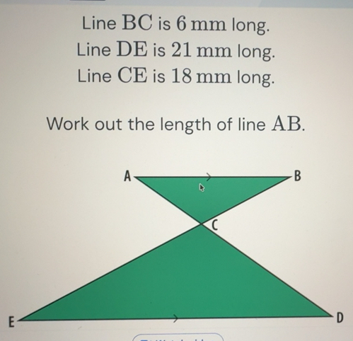 Solved: Line BC is 6 mm long. Line DE is 21 mm long. Line CE is 18 mm ...