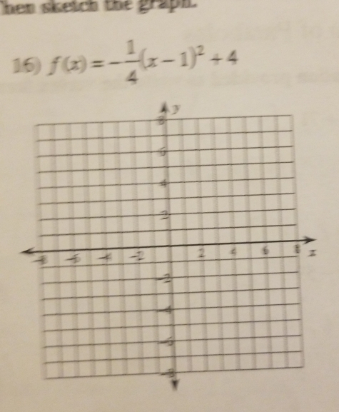 Then sketch the graph . 
16) f(x)=- 1/4 (x-1)^2+4