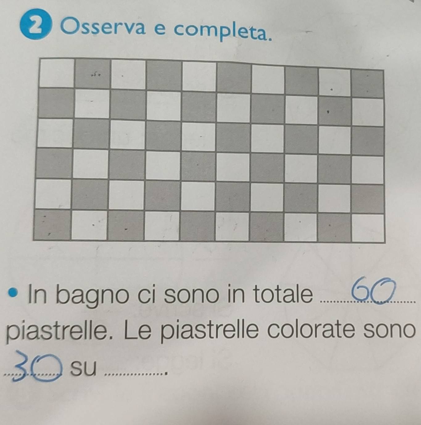 2Osserva e completa. 
í . 
In bagno ci sono in totale_ 
piastrelle. Le piastrelle colorate sono 
_ su_