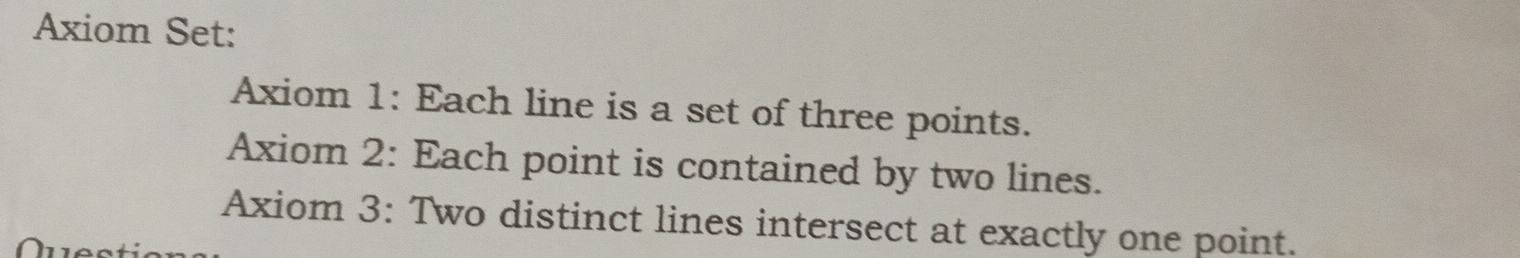 Axiom Set: 
Axiom 1: Each line is a set of three points. 
Axiom 2: Each point is contained by two lines. 
Axiom 3: Two distinct lines intersect at exactly one point. 
Qucst