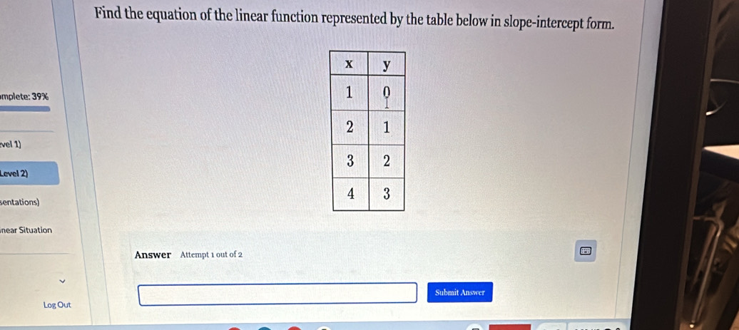 Find the equation of the linear function represented by the table below in slope-intercept form. 
mplete: 39% 
vel 1) 
Level 2) 
sentations) 
near Situation 
Answer Attempt 1 out of 2 
Submit Answer 
Log Out