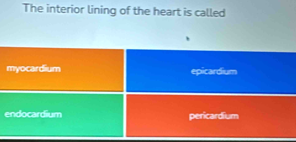 The interior lining of the heart is called
myocardium epicardium
endocardium pericardium