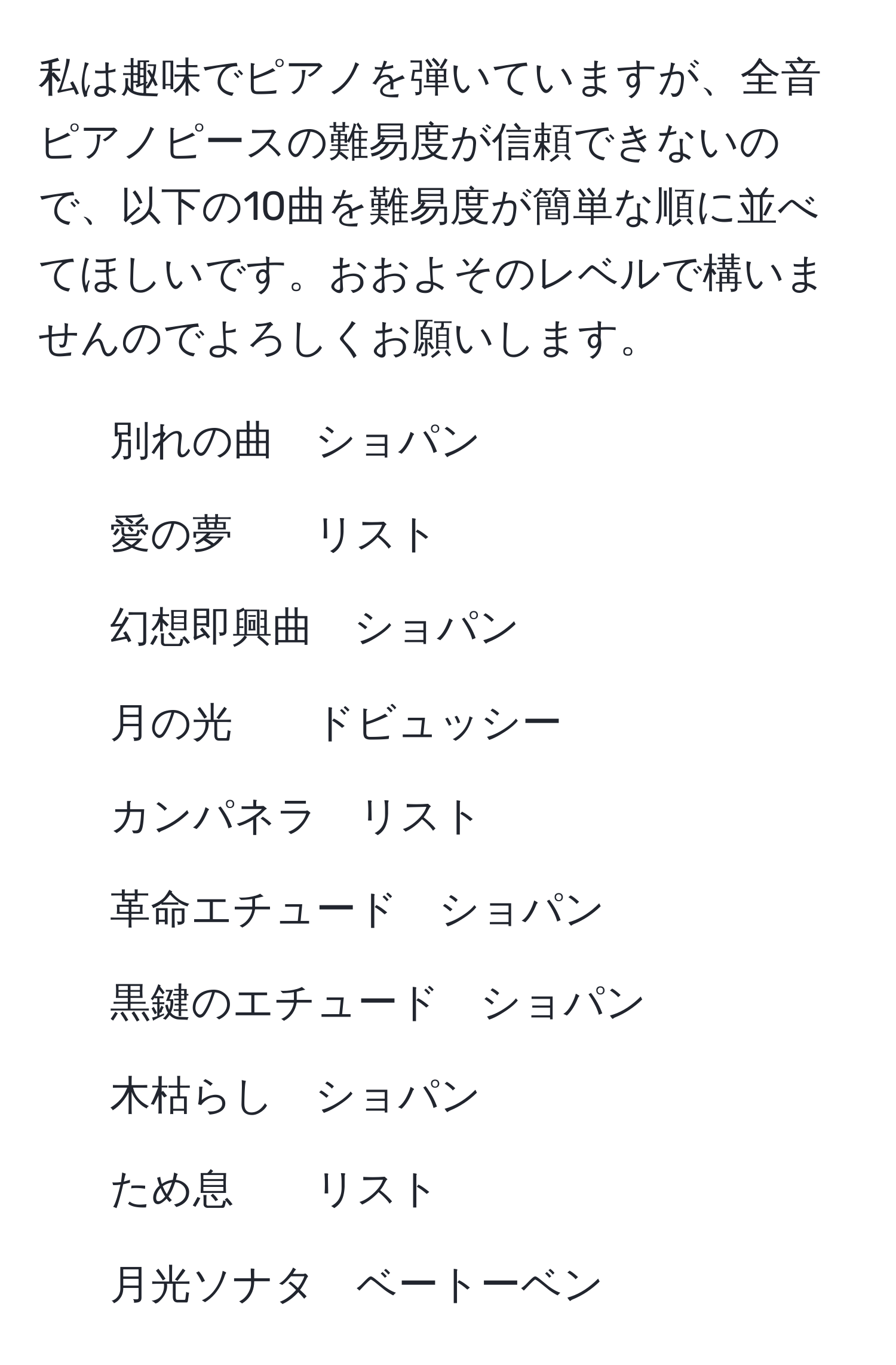 私は趣味でピアノを弾いていますが、全音ピアノピースの難易度が信頼できないので、以下の10曲を難易度が簡単な順に並べてほしいです。おおよそのレベルで構いませんのでよろしくお願いします。

1. 別れの曲　ショパン  
2. 愛の夢　　リスト  
3. 幻想即興曲　ショパン  
4. 月の光　　ドビュッシー  
5. カンパネラ　リスト  
6. 革命エチュード　ショパン  
7. 黒鍵のエチュード　ショパン  
8. 木枯らし　ショパン  
9. ため息　　リスト  
10. 月光ソナタ　ベートーベン