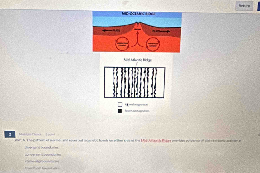 Return
Mid-Atlantic Ridge
rmal nagnetism
Reversed magnetiam
2 Mustigle Chaice 1 point =
Part A. The pattern of normal and reversed magnetic bands on either side of the Mid-Atlantic Ridge provides evidence of plate tectonic activity at
divergent boundaries
convergent boundaries
strike-slip boundaries
transform boundaries