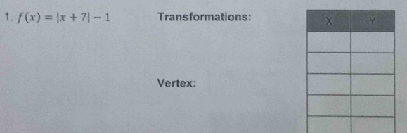 f(x)=|x+7|-1 Transformations: 
Vertex: