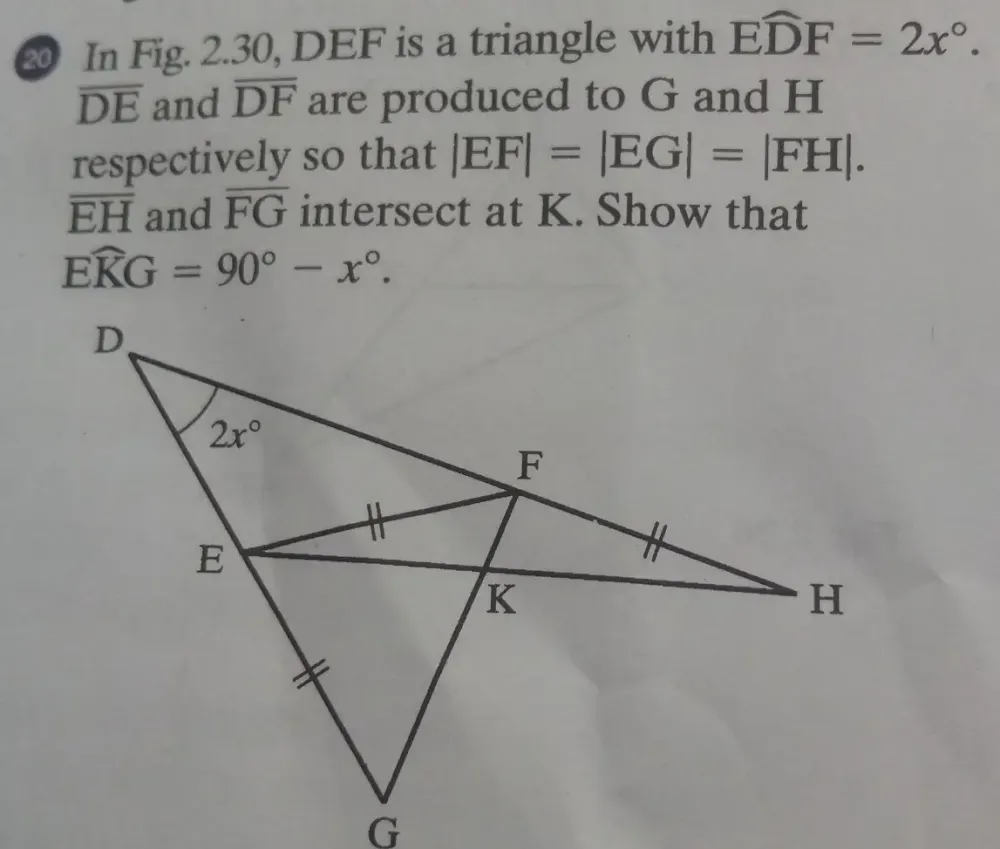 Solved: ⑳ In Fig. 2.30, DEF is a triangle with Ewidehat DF=2x ...