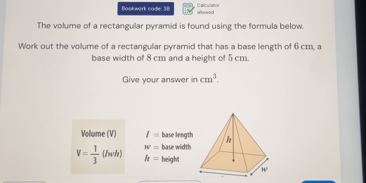 Solved: Bookwork code: 38 allowed Calculator The volume of a ...