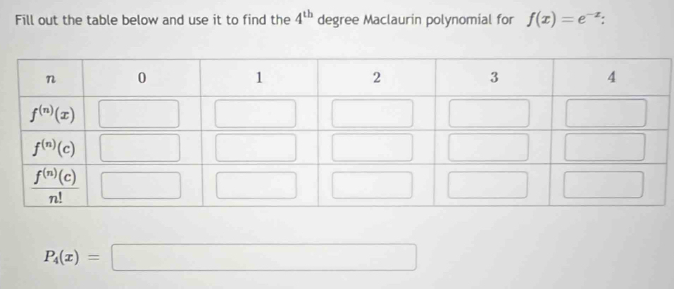 Fill out the table below and use it to find the 4^(th) degree Maclaurin polynomial for f(x)=e^(-x):
P_4(x)=□ □