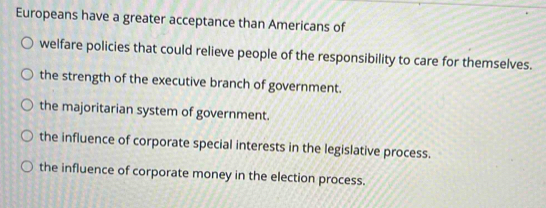 Europeans have a greater acceptance than Americans of
welfare policies that could relieve people of the responsibility to care for themselves.
the strength of the executive branch of government.
the majoritarian system of government.
the influence of corporate special interests in the legislative process.
the influence of corporate money in the election process.