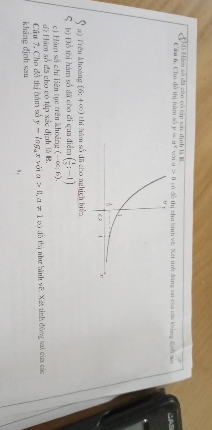 Hàm số đã cho có tập xác định là R.
Câu 6. Cho đồ thị hàm số y=a^x với a>0 có đồ thị như hình vẽ. Xét tính đúng sai của các khẳng định su
CAS
a) Trên khoảng (6;+∈fty ) thì hàm số đã cho nghịch biến.
b) Đồ thị hàm số đã cho đi qua điểm ( 1/3 ;-1).
c) Hàm số chỉ liên tục trên khoảng (-∈fty ;6).
d) Hàm số đã cho có tập xác định là R.
Câu 7. Cho đồ thị hàm số y=log _ax với a>0,a!= 1 có đồ thị như hình vẽ. Xét tính đúng sai của các
khăng định sau
y