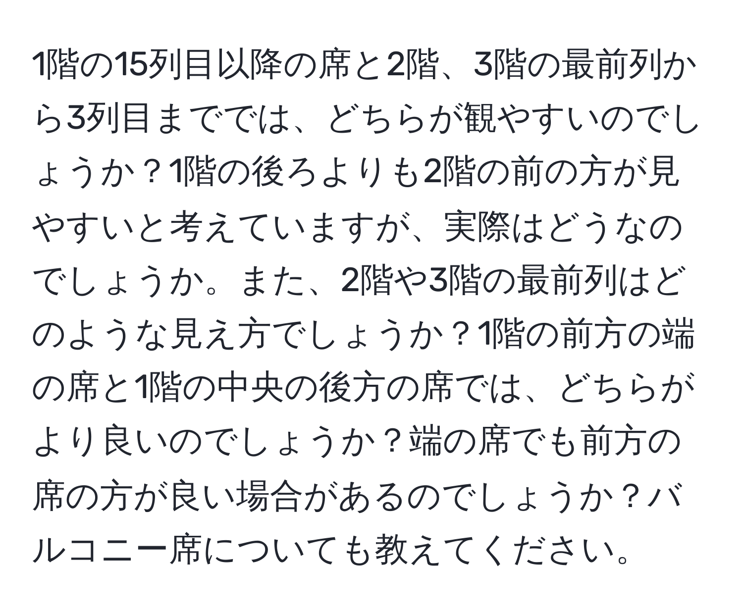 1階の15列目以降の席と2階、3階の最前列から3列目まででは、どちらが観やすいのでしょうか？1階の後ろよりも2階の前の方が見やすいと考えていますが、実際はどうなのでしょうか。また、2階や3階の最前列はどのような見え方でしょうか？1階の前方の端の席と1階の中央の後方の席では、どちらがより良いのでしょうか？端の席でも前方の席の方が良い場合があるのでしょうか？バルコニー席についても教えてください。