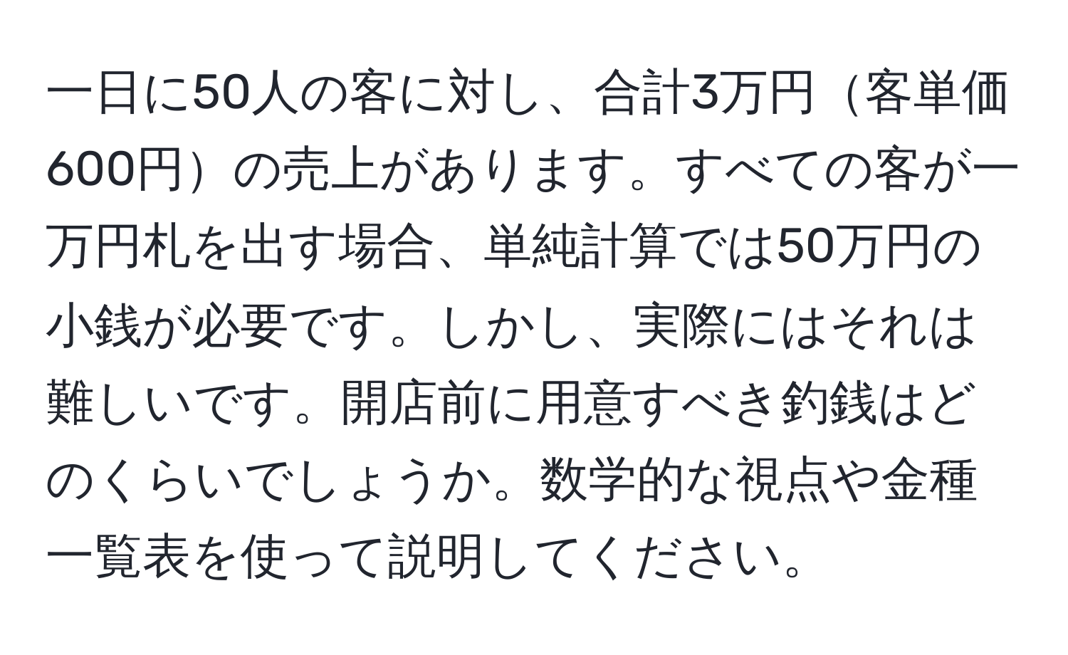 一日に50人の客に対し、合計3万円客単価600円の売上があります。すべての客が一万円札を出す場合、単純計算では50万円の小銭が必要です。しかし、実際にはそれは難しいです。開店前に用意すべき釣銭はどのくらいでしょうか。数学的な視点や金種一覧表を使って説明してください。