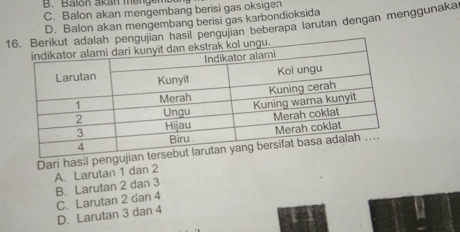 Balón akan mengems
C. Balon akan mengembang berisi gas oksigen
D. Balon akan mengembang berisi gas karbondioksida
asil pengujian beberapa larutan dengan menggunaka
Dari hasil pe
A. Larutan 1 dan 2
B. Larutan 2 dan 3
C. Larutan 2 dan 4
D. Larutan 3 dan 4