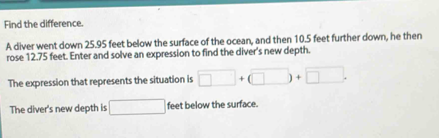 Find the difference. 
A diver went down 25.95 feet below the surface of the ocean, and then 10.5 feet further down, he then 
rose 12.75 feet. Enter and solve an expression to find the diver's new depth. 
The expression that represents the situation is □ +(□ )+□. 
The diver's new depth is □ feet below the surface.