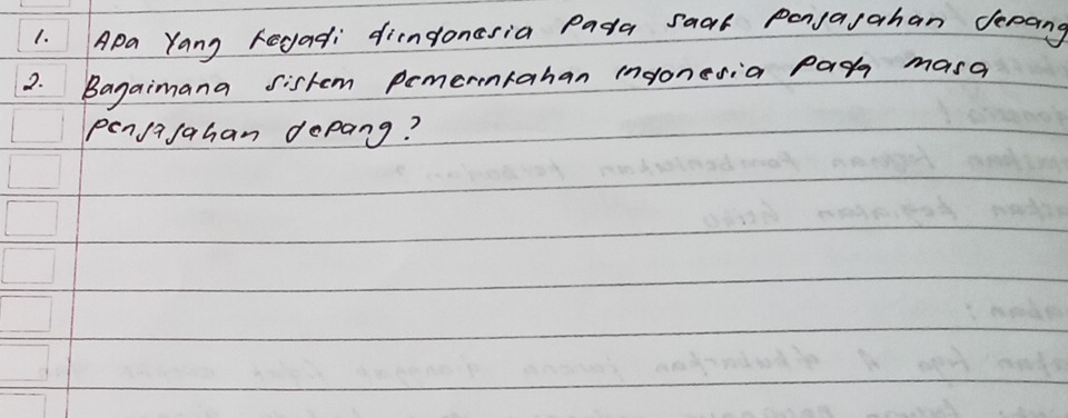 Apa Yang Feyadi dindonesia Pada saal pensarahan decang 
2. Bagaimana sistem pemernrahan indonesia Pash masa 
penJijahan depang?