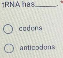 tRNA has_ × 
codons 
anticodons