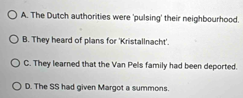 A. The Dutch authorities were 'pulsing' their neighbourhood.
B. They heard of plans for 'Kristallnacht'.
C. They learned that the Van Pels family had been deported.
D. The SS had given Margot a summons.