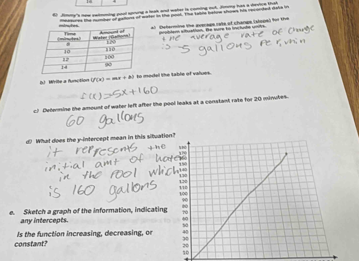 16 4 
6) Jimmy's new swimming pool sprung a leak and water is coming out. Jimmy has a device that 
measures the number of galions of water in the pool. The table below shows his recorded data in 
a) Determine the average rate of change (slope) for the 
problem situation. Be sure to include units. 
b) Write a function (f(x)=mx+b) model the table of values. 
c) Determine the amount of water left after the pool leaks at a constant rate for 20 minutes. 
d) What does the y-intercept mean in this situatio 
e. Sketch a graph of the information, indicating 
any intercepts. 
Is the function increasing, decreasing, or 
constant?