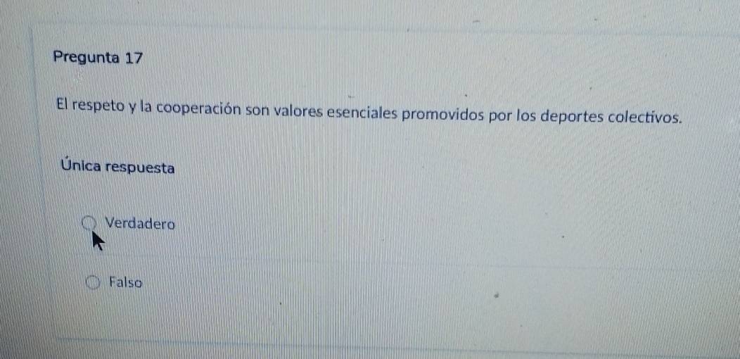 Pregunta 17
El respeto y la cooperación son valores esenciales promovidos por los deportes colectivos.
Única respuesta
Verdadero
Falso