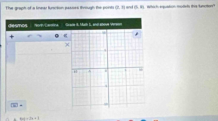 The graph of a linear function passes through the points (2,3) and (5,9). Which equation models this function? 
desmos North Carolina G 
+ 
A f(x)=2x+1