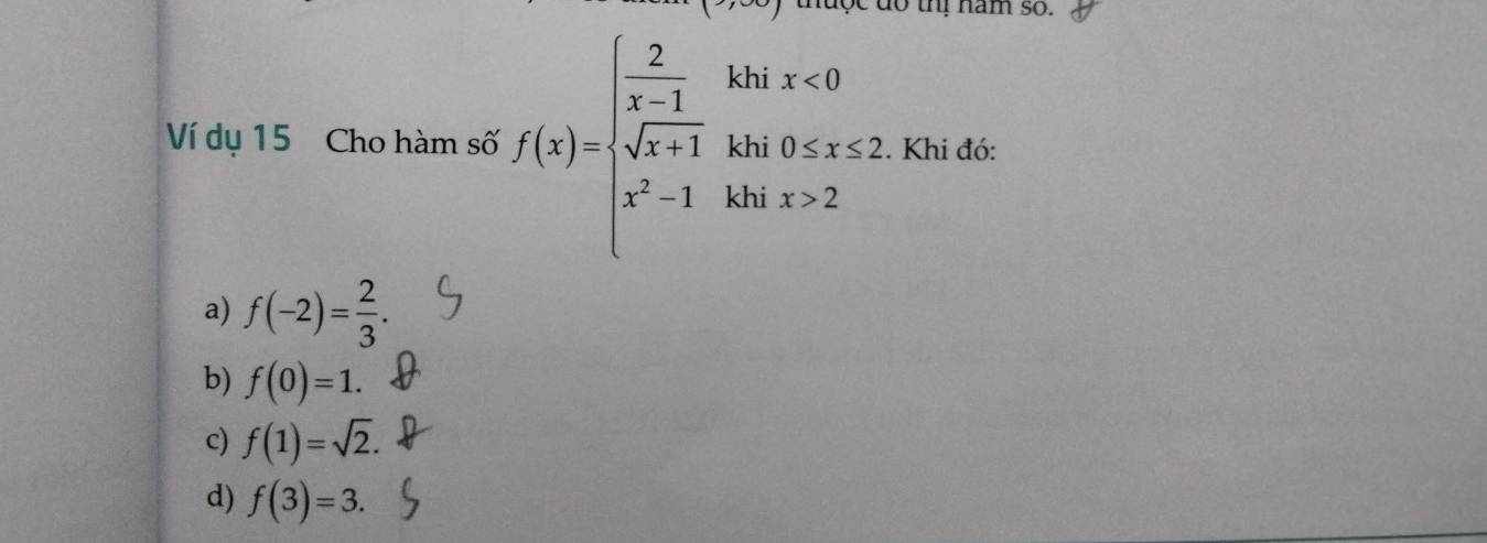 nuợc do thi năm so.
k 
Ví dụ 15 Cho hàm số f(x)=beginarrayl  2/x-1  sqrt(x+1) x^2-1endarray. kh beginarrayr ix<0 h ux>2endarray. Khi đó:
kl
a) f(-2)= 2/3 .
b) f(0)=1.
c) f(1)=sqrt(2).
d) f(3)=3.