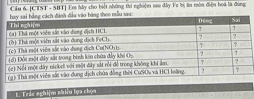 Nhung thanh
Câu 6. [CTST - SBT] Em hãy cho biết những thí nghiệm sau đây Fe bị ăn mòn điện hoá là đúng
mẫu sau:
1. Trắc nghiệm nhiều lựa chọn