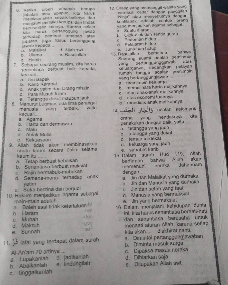 Ketika diberi amanah berupa 12. Orang yang memanggil wanita yang
jabatan atau apapun, kita harus memakai cadar dengan panggilan
melaksanakan sebaík-baíknya dan "Ninja" atau menyebutnya dengan
menjauhi perilaku korupsi dan tindak kuntilanak adalah contoh orang
kecurangan lainnya. Karena selain yang menjadikan agama sebagai...
kita harus bertanggung jawab a. Suatu ajaran
terhadap pemberi amanah atau b. Olok-olok dan senda gurau
jabatan, juga harus bertanggun c. Pedoman hidup
jawab kepada.... d. Pelajaran hidup
a. Malaikat d. Allah swt e. Tunlunan hidup
b. Ulama e. Rasulallah 13. Rasulallah bersabda, bahwa
c. Habib Seorang suami adalah pemimpin
7. Sebagai seorang muslim, kita harus yang bertanggunggjawab atas
senantiasa berbuat baik kepada, keluarganya, sedangkan pelayan
kecuali... rumah tangga adalah pemimpin
a. Ibu Bapak yang bertanggungjawab....
b. Karib Kerabat a. memimpin keluarga
c. Anak yatim dan Orang miskin b. memelihara harta majikannya
d. Para Musuh Islam c. atas anak-anak majikannya
e. Tetangga dekat maupun jauh d. atas ekonomi tuannya
8. Menurut Luqman, ada lima perangai e. mendidik anak majikannya
manusia    yang terbaik, yaitu 14. adalah kelompok
kecuali...
a. Agama orang yang hendaknya kita
b. Harta dan dermawan perlakukan dengan baik, yaitu
c. Malu a. tetangga yang jauh
d. Ahlak Mulia b. tetangga yang dekat
e. Kekuasaan c. teman terdekat
9. Allah tidak akan membinasakan d. keluarga yang jauh
suatu kaum secara Zalim selama e. sahabat karib
kaum itu_
15. Dalam surah Hud 119, Allah
a. Tetap berbuat kebaikan berfirman bahwa Allah akan
b. Senantiasa berbuat maksiat memenuhi neraka Jahannam
c. Rajin bermabuk-mabukan dengan....
d. Semena-mena terhadap anak a. Jin dan Malaikat yang durhaka
yatim b. Jin dan Manusia yang durhaka
e. Suka berzina dan berjudi c. Jin dan setan yang taat
10. Hukum menjadikan agama sebagai d. Manusia yang bermaksiat
main-main adalah...
e. Jin yang bermaksiat
a. Boleh asal tidak keterlaluan
16. Dalam menjalani kehidupan dunia
b. Haram ini, kita harus senantiasa berhati-hati
c. Mubah
dan senantiasa berusaha untuk
d. Makruh menaati aturan Allah, karena setiap
e. Sunnah kita akan.... diakhirat nanti.
11.  lafal yang terdapat dalam surah a. Dimintai pertanggungjawaban
b. Diminta masuk surga
Al-An'am 70 artinya ...
c. Dipaksa masuk neraka
a. Lupakanlah d. jadikanlah d. Dibiarkan saja
b. Abaikanlah e. lindungilah e. Dilupakan Allah swt
c. tinggalkanlah