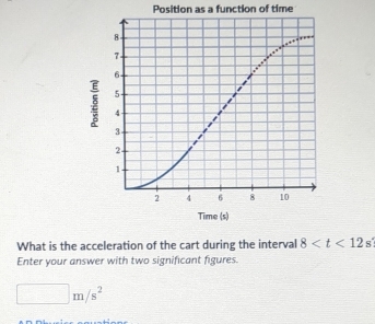 Position as a function of time 
What is the acceleration of the cart during the interval 8
Enter your answer with two significant figures.
□ m/s^2