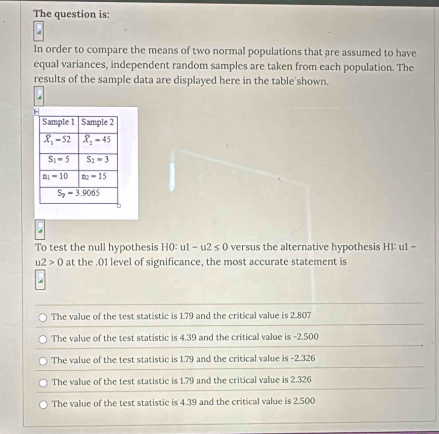 The question is:
In order to compare the means of two normal populations that are assumed to have
equal variances, independent random samples are taken from each population. The
results of the sample data are displayed here in the table shown.
4
To test the null hypothesis H0: 11-u2≤ 0 versus the alternative hypothesis H1: u1 -
u2>0 at the .01 level of significance, the most accurate statement is
The value of the test statistic is 1.79 and the critical value is 2.807
The value of the test statistic is 4.39 and the critical value is -2.500
The value of the test statistic is 1.79 and the critical value is -2.326
The value of the test statistic is 1.79 and the critical value is 2.326
The value of the test statistic is 4.39 and the critical value is 2.500