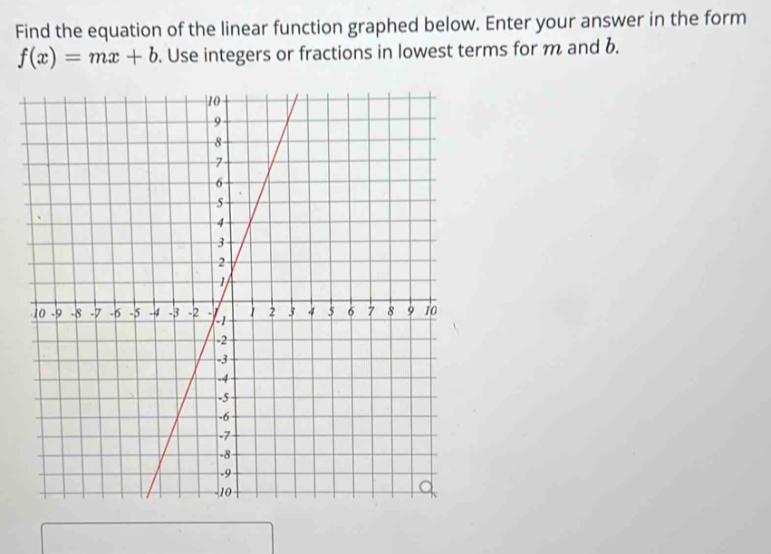 Find the equation of the linear function graphed below. Enter your answer in the form
f(x)=mx+b. Use integers or fractions in lowest terms for m and b.