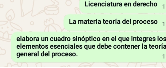 Licenciatura en derecho 1 
La materia teoría del proceso 1 
elabora un cuadro sinóptico en el que integres los 
elementos esenciales que debe contener la teoría 
general del proceso. 
1