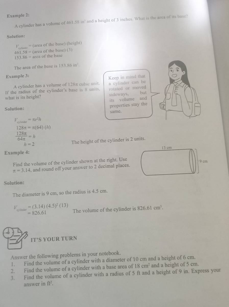 Solved: Example 2: A cylinder has a volume of 461.58in^3 and a height ...