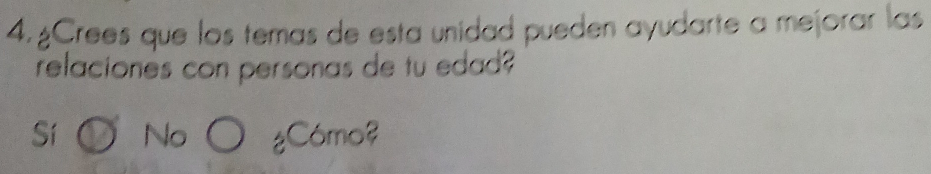 ¿Crees que los temas de esta unidad pueden ayudarte a mejorar las
relaciones con personas de tu edad?
Sí ② No ¿Cómo?