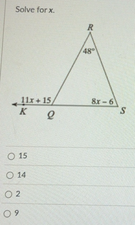 Solved: Solve for x. 15 14 2 9 [Math]