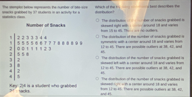 The stemplot below represents the number of bite-size Which of the folkiwing statements best describes the
snacks grabbed by 37 students in an activity for a distribution?
statistics class
The distribution of the number of snacks grabbed is
skewed right with a center around 18 and varies
from 15 to 45. There are no outliers.
The distribution of the number of snacks grabbed is
symmetric with a center around 18 and varies from
12 to 45. There are possible outliers at 38, 42, and
45.
The distribution of the number of snacks grabbed is
skewed left with a center around 18 and varies from
12 to 45. There are possible outliers at 38, 42, and
45.
The distribution of the number of snacks grabbed is
skewed right with a center around 18 and varies
Key: 2| 4 is a student who grabbed from 12 to 45. There are possible outliers at 38, 42,
24 shacks. and 45.