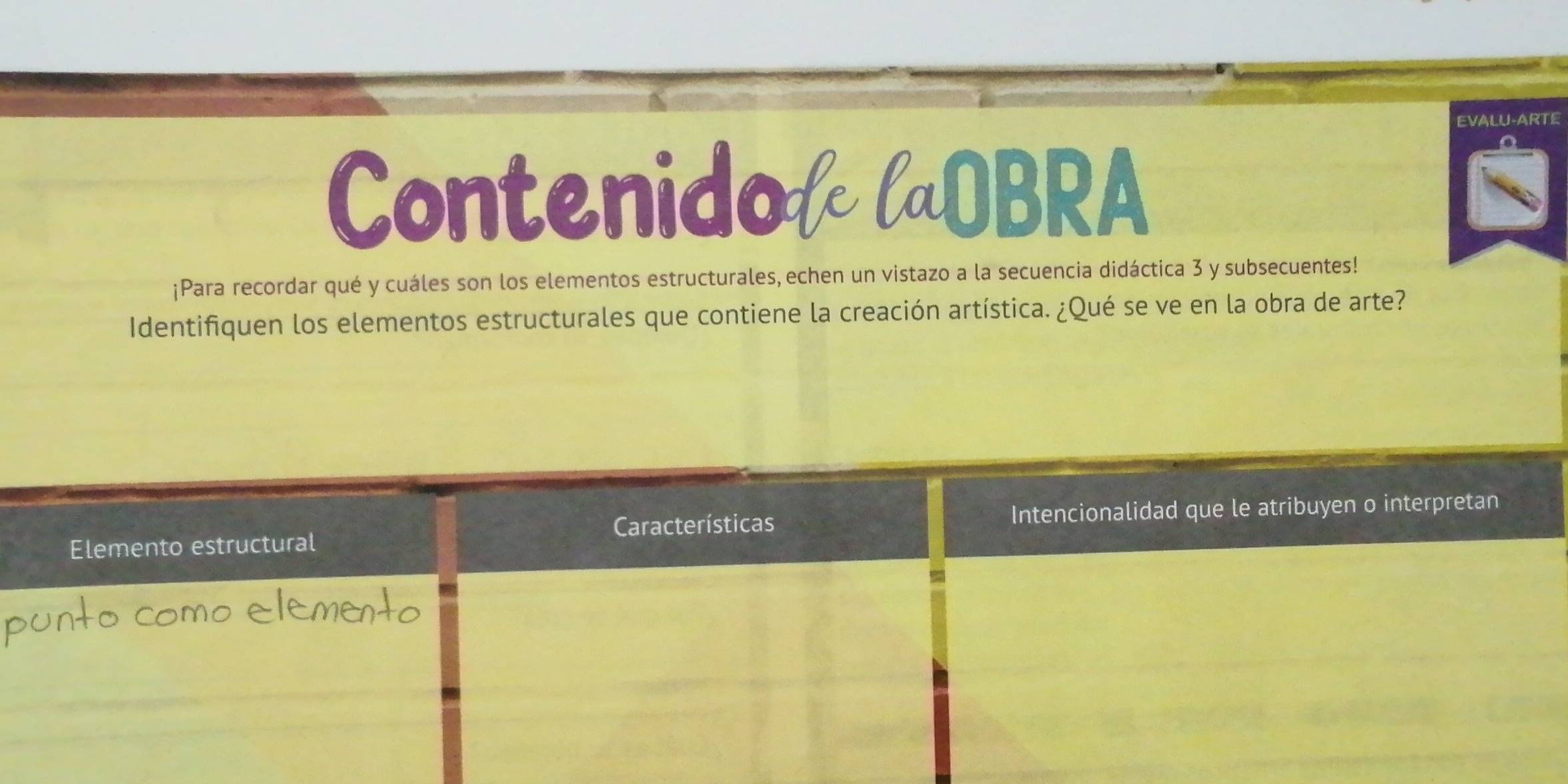 EVALU-ARTE 
Contenido lOBRA 
¡Para recordar qué y cuáles son los elementos estructurales, echen un vistazo a la secuencia didáctica 3 y subsecuentes! 
Identifiquen los elementos estructurales que contiene la creación artística. ¿Qué se ve en la obra de arte?