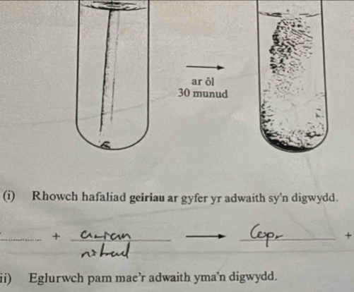 ar ôl 
30 munud 
(i) Rhowch hafaliad geiriau ar gyfer yr adwaith sy'n digwydd. 
__+ 
_+ 
ii) Eglurwch pam mae’r adwaith yma'n digwydd.