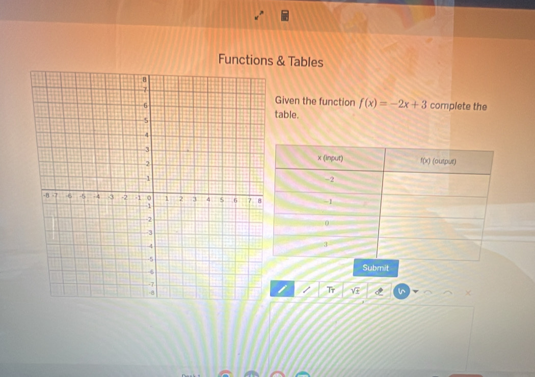 Functions & Tables
Given the function f(x)=-2x+3
complete the
table.
Submit
Tr
in