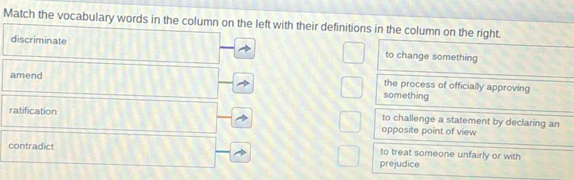 Match the vocabulary words in the column on the left with their definitions in the column on the right.
discriminate to change something
the process of officially approving
amend something
ratification
to challenge a statement by declaring an
opposite point of view
contradict
to treat someone unfairly or with
prejudice