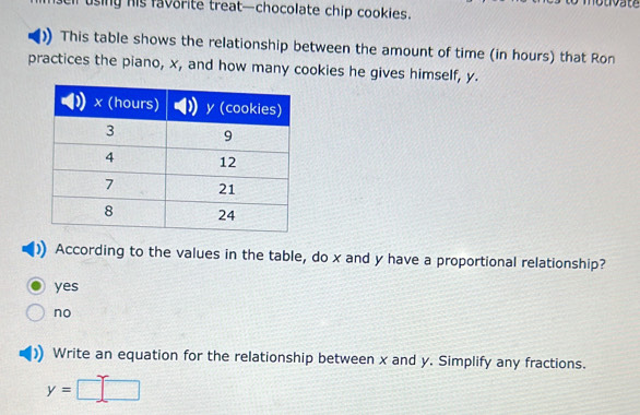 ell using his favorite treat—chocolate chip cookies.
This table shows the relationship between the amount of time (in hours) that Ron
practices the piano, x, and how many cookies he gives himself, y.
According to the values in the table, do x and y have a proportional relationship?
yes
no
Write an equation for the relationship between x and y. Simplify any fractions.
y=□