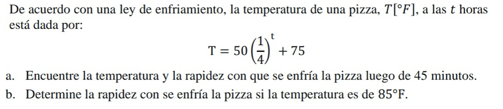 De acuerdo con una ley de enfriamiento, la temperatura de una pizza, T[^circ F] , a las t horas 
está dada por:
T=50( 1/4 )^t+75
a. Encuentre la temperatura y la rapidez con que se enfría la pizza luego de 45 minutos. 
b. Determine la rapidez con se enfría la pizza si la temperatura es de 85°F.