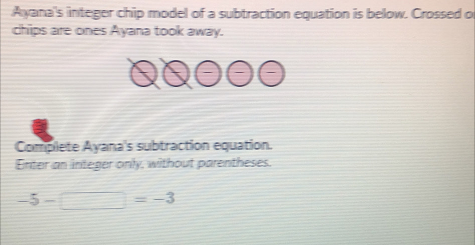 Ayana's integer chip model of a subtraction equation is below. Crossed o 
chips are ones Ayana took away. 
Complete Ayana's subtraction equation. 
Enter an integer only, without parentheses.
-5-□ =-3