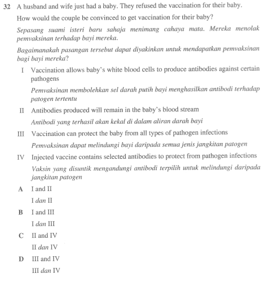 A husband and wife just had a baby. They refused the vaccination for their baby.
How would the couple be convinced to get vaccination for their baby?
Sepasang suami isteri baru sahaja menimang cahaya mata. Mereka menolak
pemvaksinan terhadap bayi mereka.
Bagaimanakah pasangan tersebut dapat diyakinkan untuk mendapatkan pemvaksinan
bagi bayi mereka?
I Vaccination allows baby’s white blood cells to produce antibodies against certain
pathogens
Pemvaksinan membolehkan sel darah putih bayi menghasilkan antibodi terhadap
patogen tertentu
II Antibodies produced will remain in the baby’s blood stream
Antibodi yang terhasil akan kekal di dalam aliran darah bayi
III Vaccination can protect the baby from all types of pathogen infections
Pemvaksinan dapat melindungi bayi daripada semua jenis jangkitan patogen
IV Injected vaccine contains selected antibodies to protect from pathogen infections
Vaksin yang disuntik mengandungi antibodi terpilih untuk melindungi daripada
jangkitan patogen
A I and II
I dan II
B I and III
I dan III
C II and IV
II dan IV
D III and IV
III dan IV