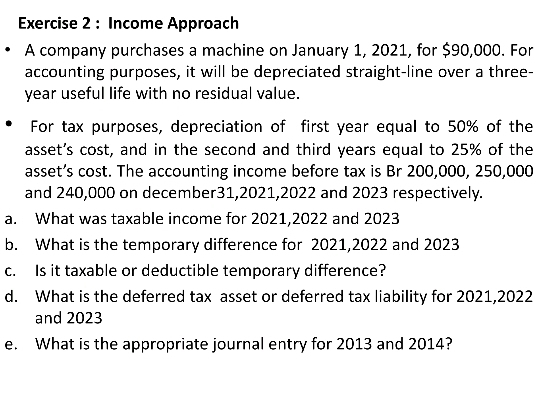 Income Approach 
A company purchases a machine on January 1, 2021, for $90,000. For 
accounting purposes, it will be depreciated straight-line over a three-
year useful life with no residual value. 
For tax purposes, depreciation of first year equal to 50% of the 
asset's cost, and in the second and third years equal to 25% of the 
asset’s cost. The accounting income before tax is Br 200,000, 250,000
and 240,000 on december31,2021,2022 and 2023 respectively. 
a. What was taxable income for 2021,2022 and 2023 
b. What is the temporary difference for 2021,2022 and 2023 
c. Is it taxable or deductible temporary difference? 
d. What is the deferred tax asset or deferred tax liability for 2021,2022 
and 2023 
e. What is the appropriate journal entry for 2013 and 2014?