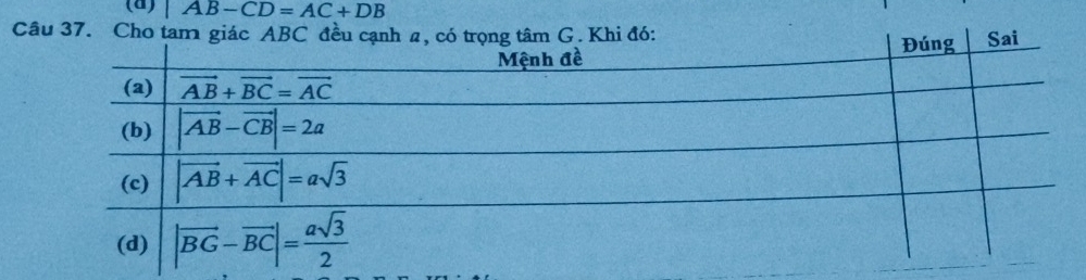 |AB-CD=AC+DB
Câu 37.