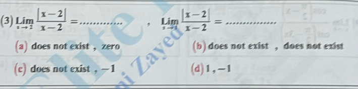 (3) limlimits _xto 2 (|x-2|)/x-2 =...
(a) does not exist , zero (b) does not exist , does not exist
(c) does not exist , -1 (d) 1, -1