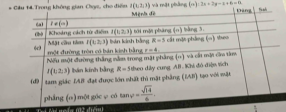 ểm I(1;2;3) và mặt phầng (alpha ):2x+2y-z+6=0.
(0°,11°,n)
 π /4 